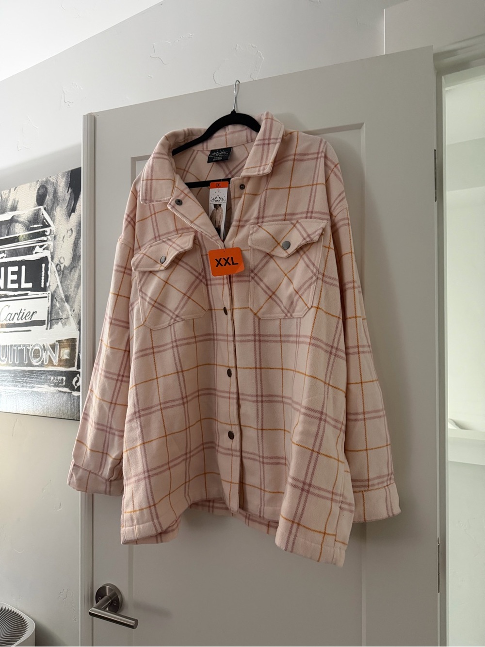 Plaid Button-Front Shacket in Pale Pink by Unknown Brand - XXL